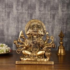 Pure Brass Superfine Panchmukhi Hanuman Blessing Statue 10" | Antique Finish | 4.8 kg Finely Detailed | Invoke Divine Blessings | 9" Width, 5" Depth